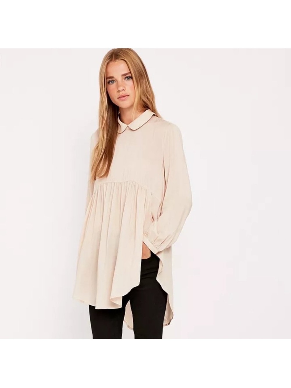 Cooperative tan Babydoll Tunic Top pleated pockets long sleeve Peter Pan collar